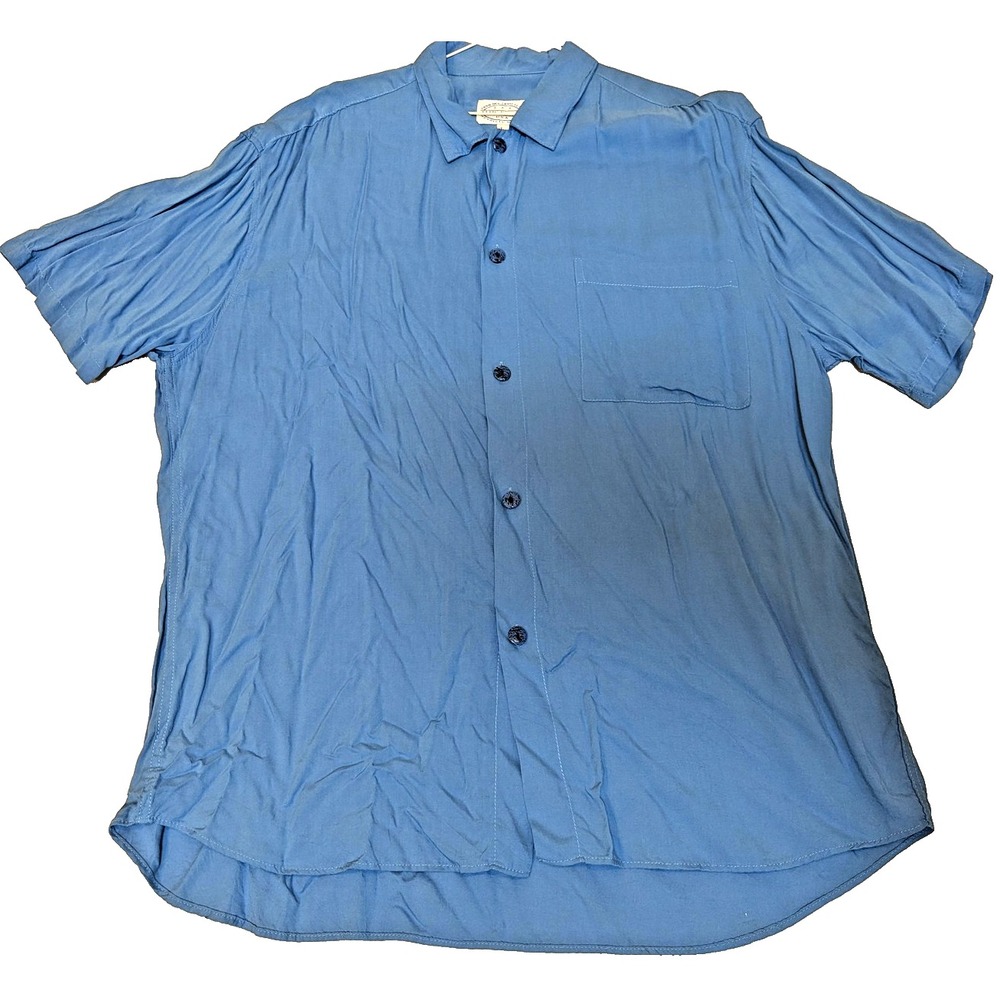 Vtg Jams World Shirt Mens L Blue Rayon Camp Button Front Made in USA Hawaiian